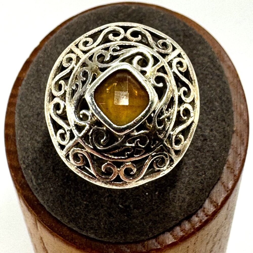 VTG Solid Sterling Silver 925 Citrine Filigree Design Statement Ring Size 9.5
